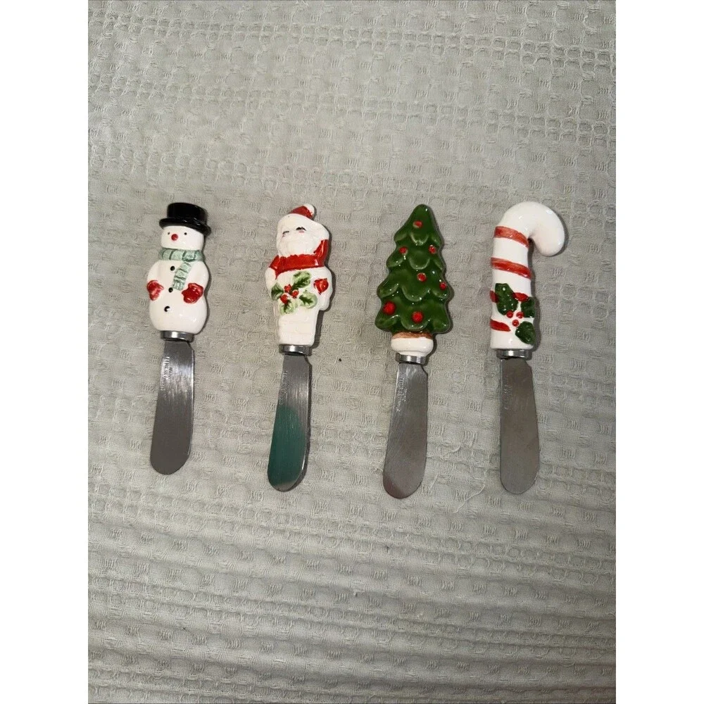 Vintage Christmas Cheese Butter Spreaders Set Of 4 Santa Snowman Candy Cane Tree